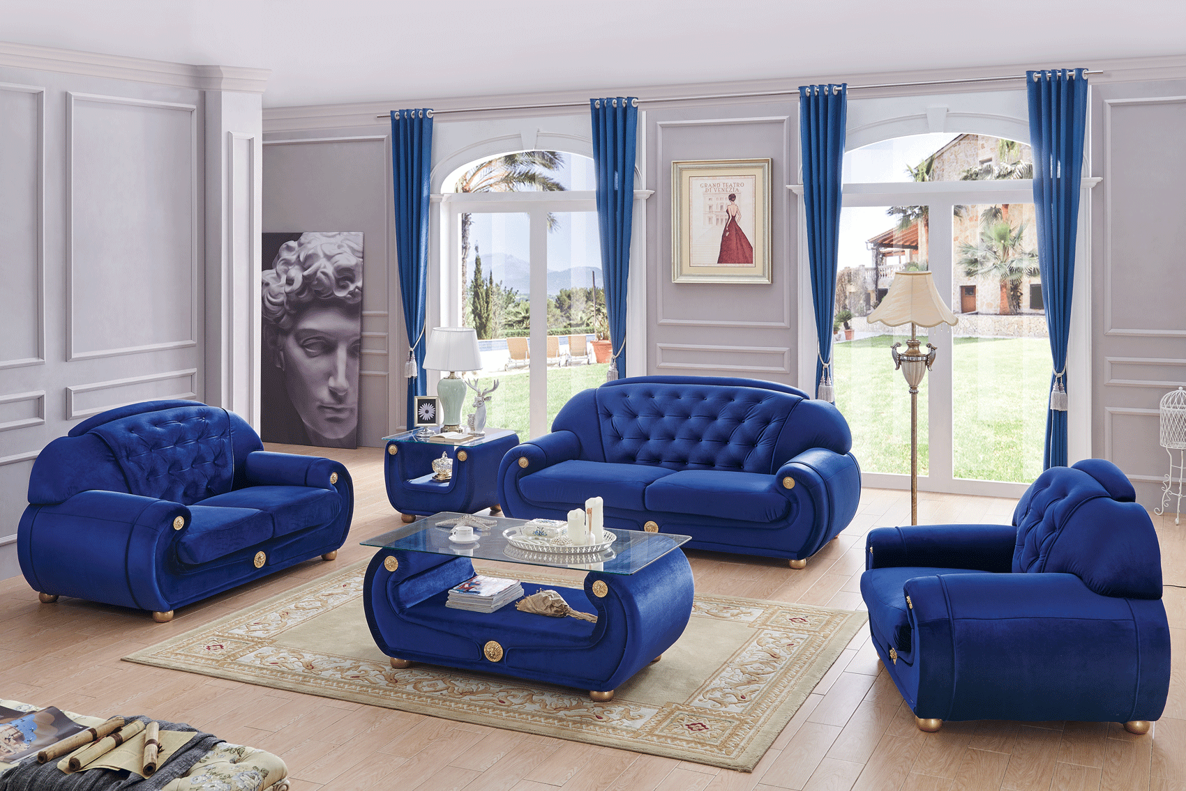 Living Room Furniture Sleepers Sofas Loveseats and Chairs Giza Fabric in Dark Blue